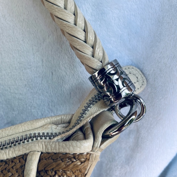 BRIGHTON Cream & Tan Raffia Wicker Genuine Leather Shoulder Bag Tote Purse - Picture 5 of 14